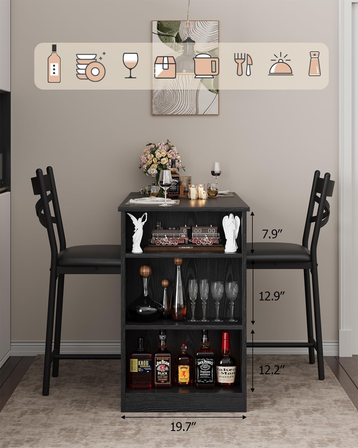 Garvee Bar Table and Chairs Set, 3 Piece Bar Table Set with with Flip Top Extension and Storage Shelves, Dining Table Set for 2, Suitable for Small Space Kitchen Apartment, Black