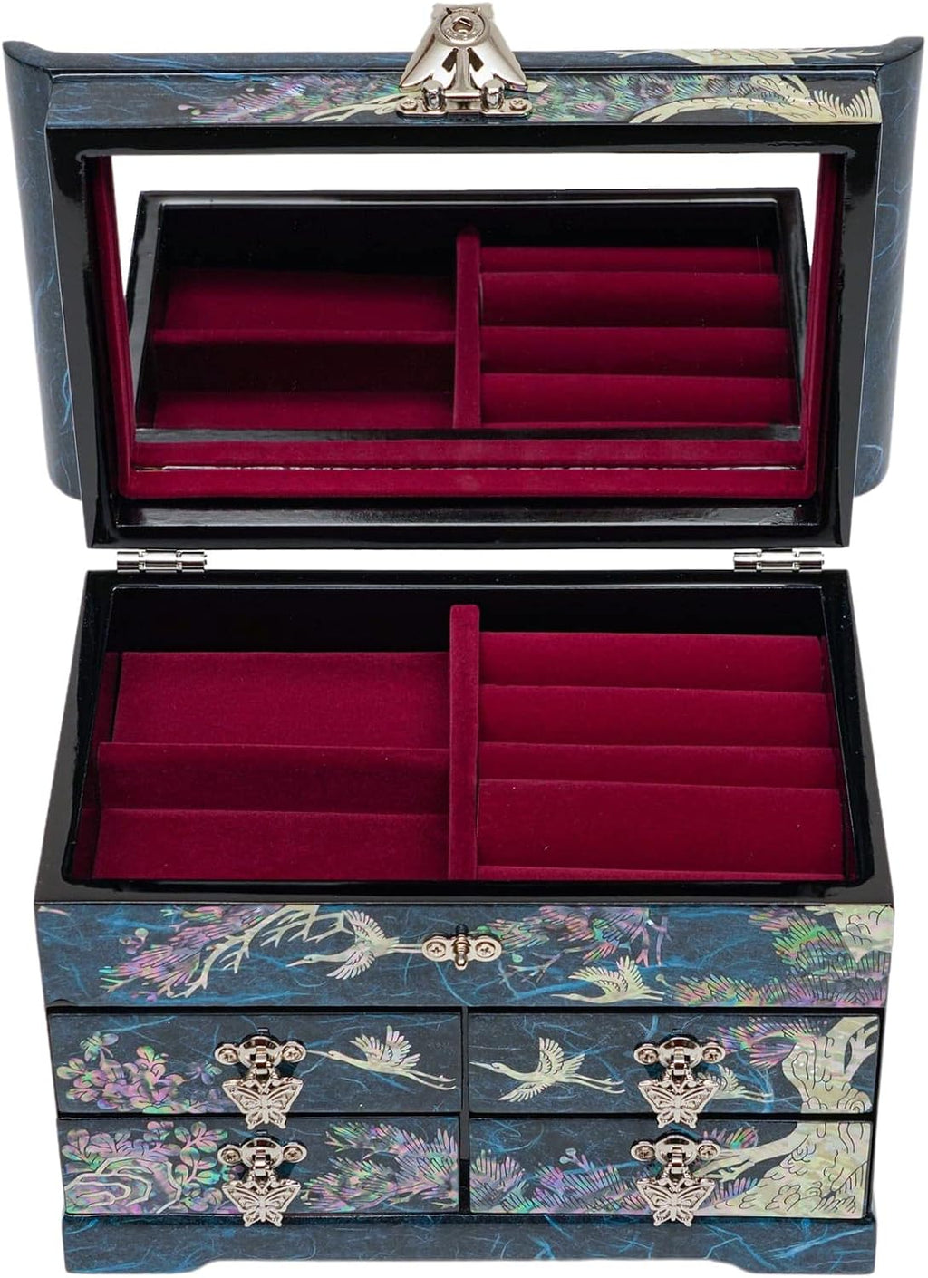 February Mountain Mother of Pearl Wooden Jewelry Organizer Box – Jewelry Storage Box for Women, Features Spacious Drawers, Ideal for Rings, Bracelets, Watches, Chains, Accessories (Crane_Blue)