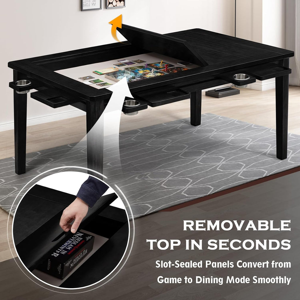 Haddockway 63' ×39' Board Game Table with Removable Top, Solid Wood Dining/Gaming Table for 4-6 Players with Play Mat, 6 Detachable Cup Holders & 6 Hobby Trays (Black)