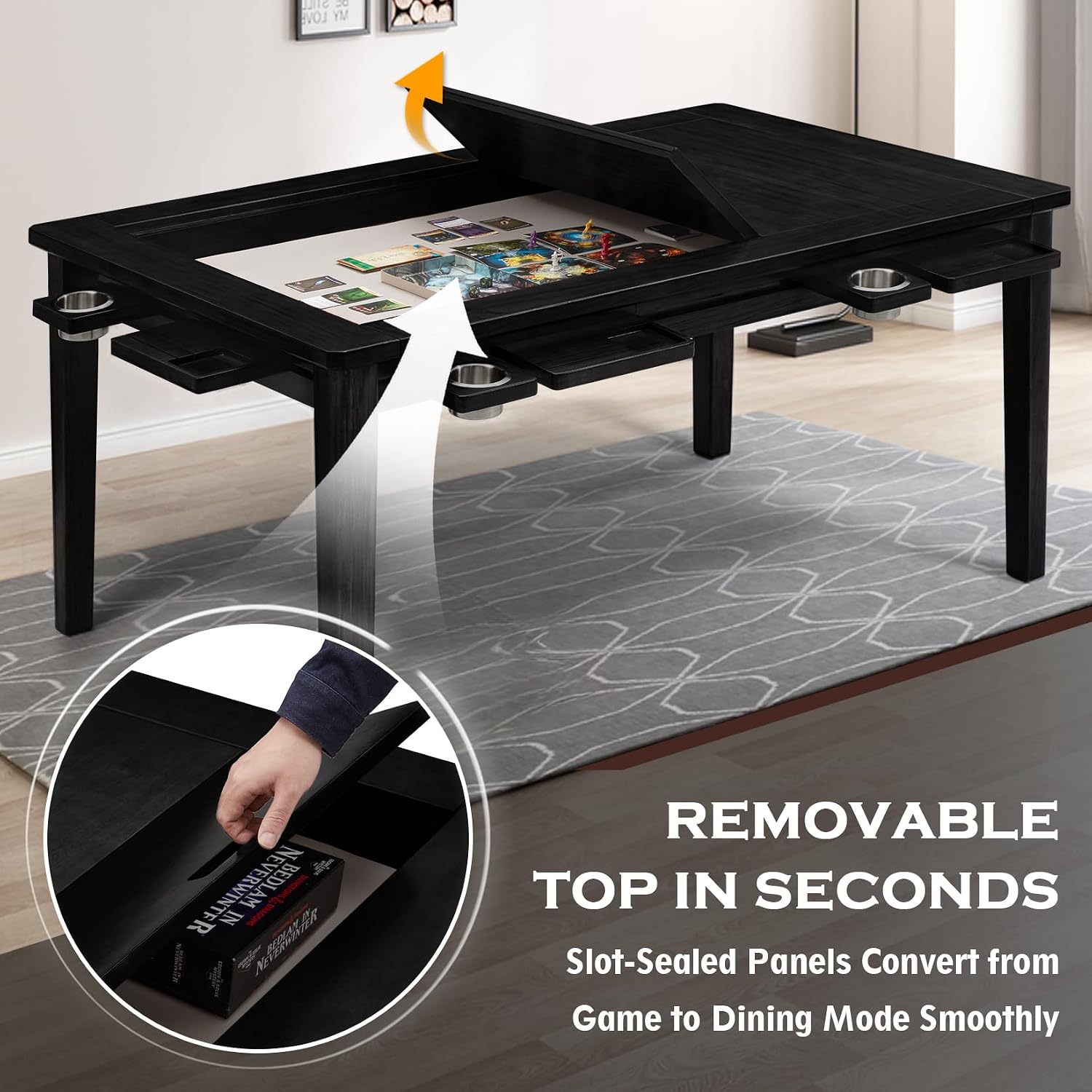 Haddockway 63' ×39' Board Game Table with Removable Top, Solid Wood Dining/Gaming Table for 4-6 Players with Play Mat, 6 Detachable Cup Holders & 6 Hobby Trays (Black)
