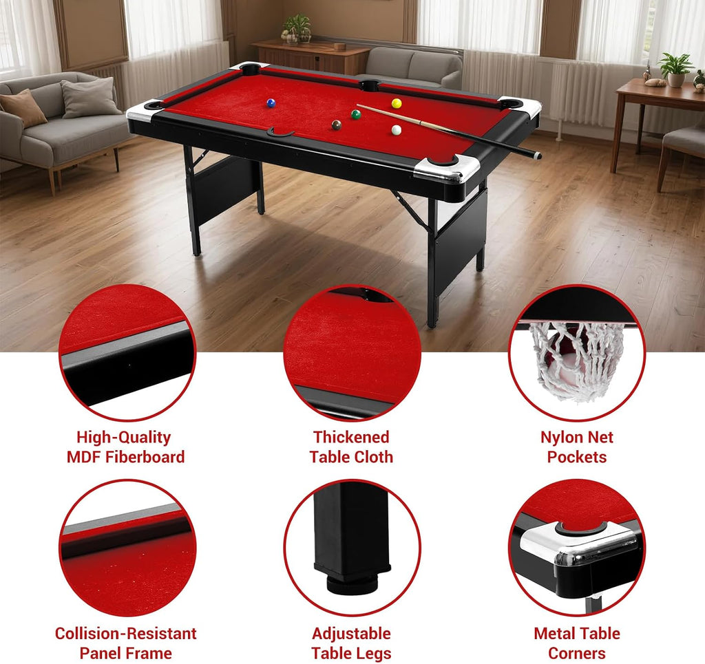 6,7 Foot Foldable Pool Table, Portable Billiards Table with Full Accessories Set, No Assembly, Metal k-Shaped Legs, Includes 16 Balls, 2 Cue Sticks, Chalk, Rack & Brush, Game Room Table for Home, Apar