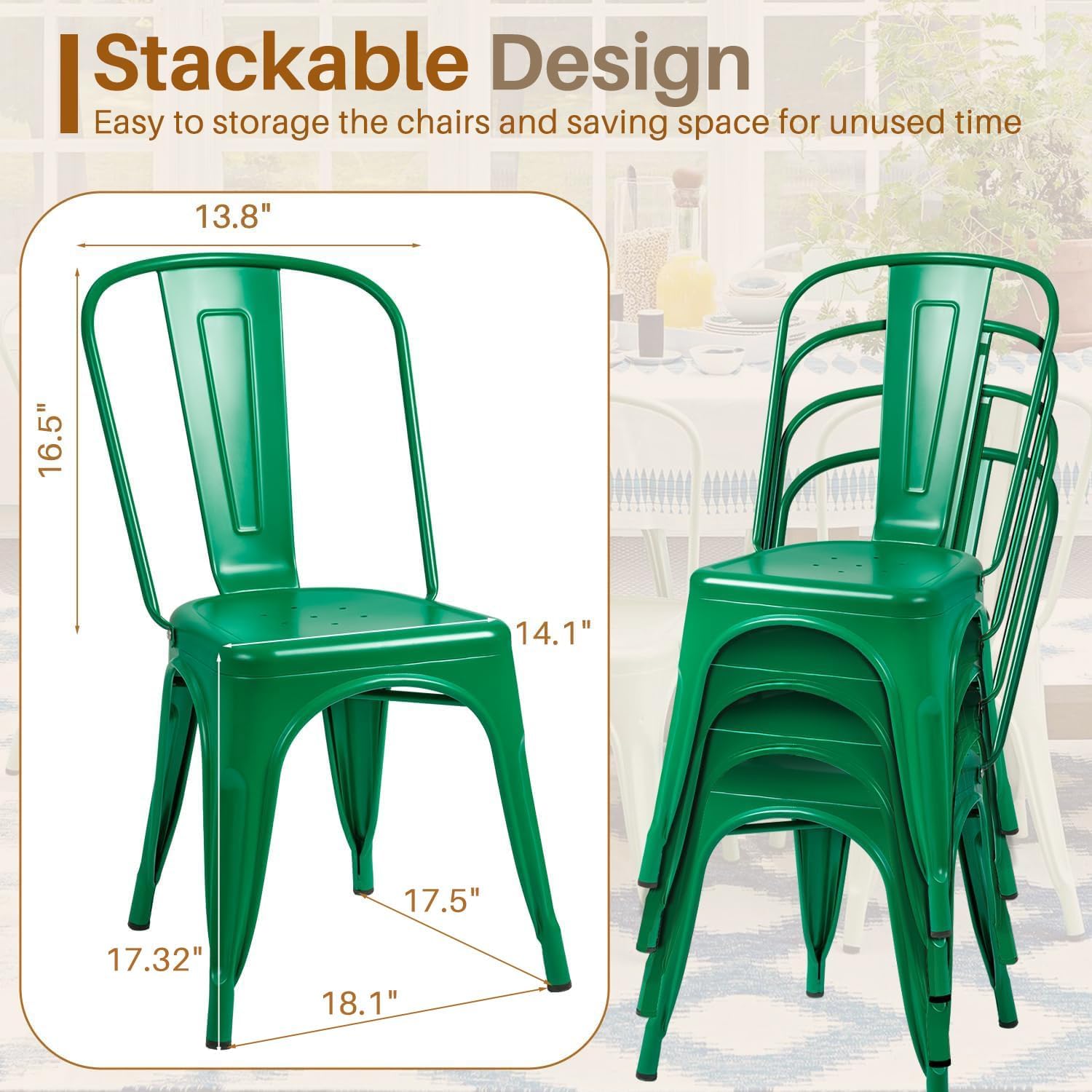 Furmax Metal Dining Chair Indoor Outdoor Use Stackable Classic Trattoria Chair Chic Dining Bistro Cafe Side Metal Chairs Set of 4 (Green)