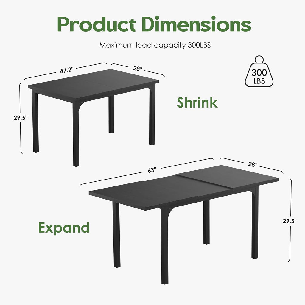 Extendable Dining Table, Rectangle Kitchen Table for 4-8 People, Modern Wooden Dinner Table with Strong Metal Legs, Space Saving Expandable Dining Room Table for Restaurant, Conference, Black