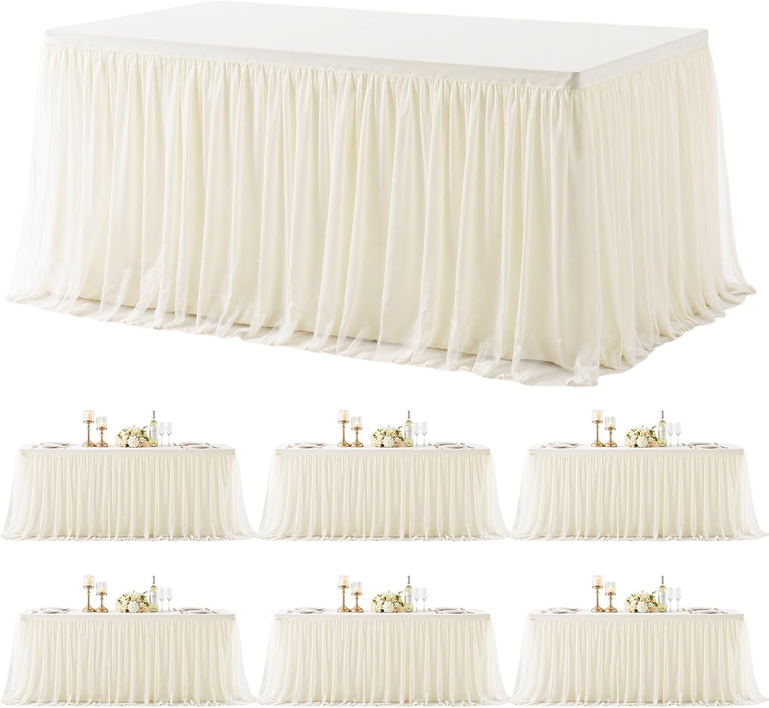 6 Pack 6ft Ivory Tulle Tablecloths for Rectangle Tables 6 Foot Ivory Rectangular Table Cloth Wrinkle Free Tablecover with Tutu Skirt for Wedding Baby Shower Birthday Party Banquet Buffet Cake