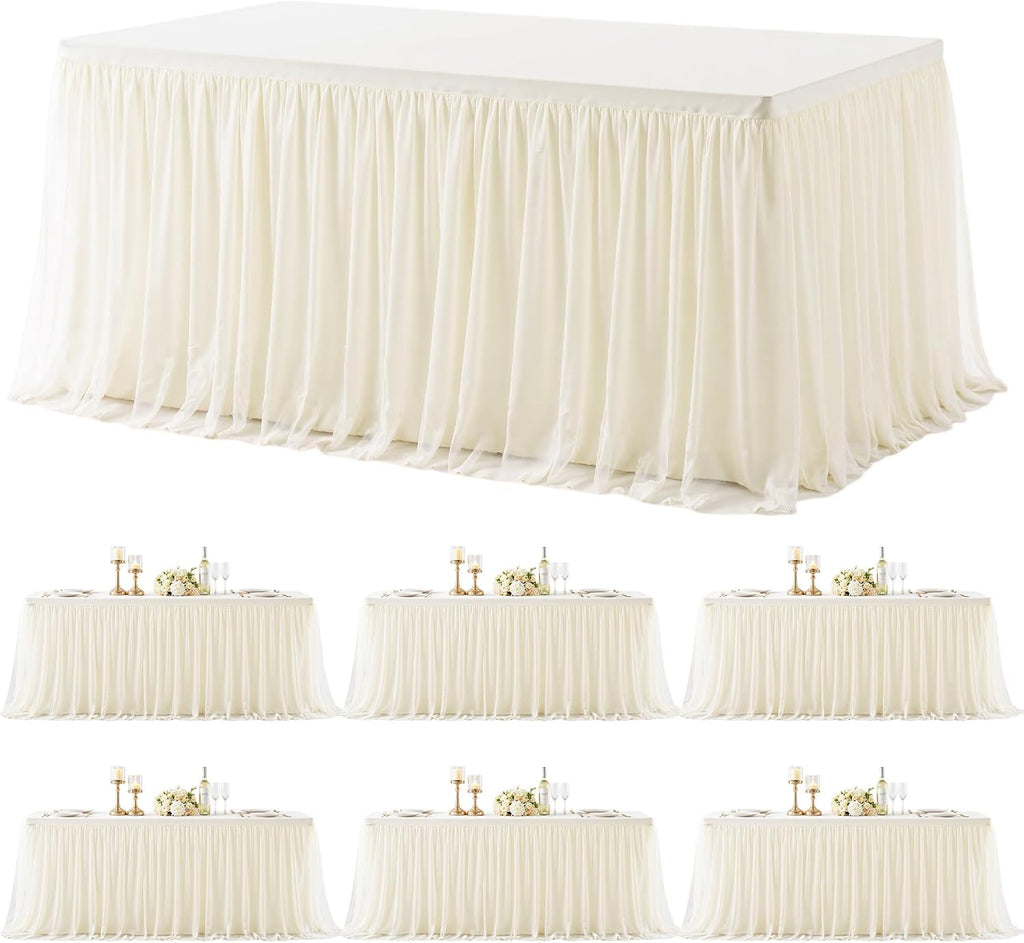 6 Pack 8ft Ivory Tulle Tablecloths for Rectangle Tables 8 Foot Ivory Rectangular Table Cloth Wrinkle Free Table Cover with Tutu Skirt for Wedding Baby Shower Birthday Party Banquet Buffet Cake