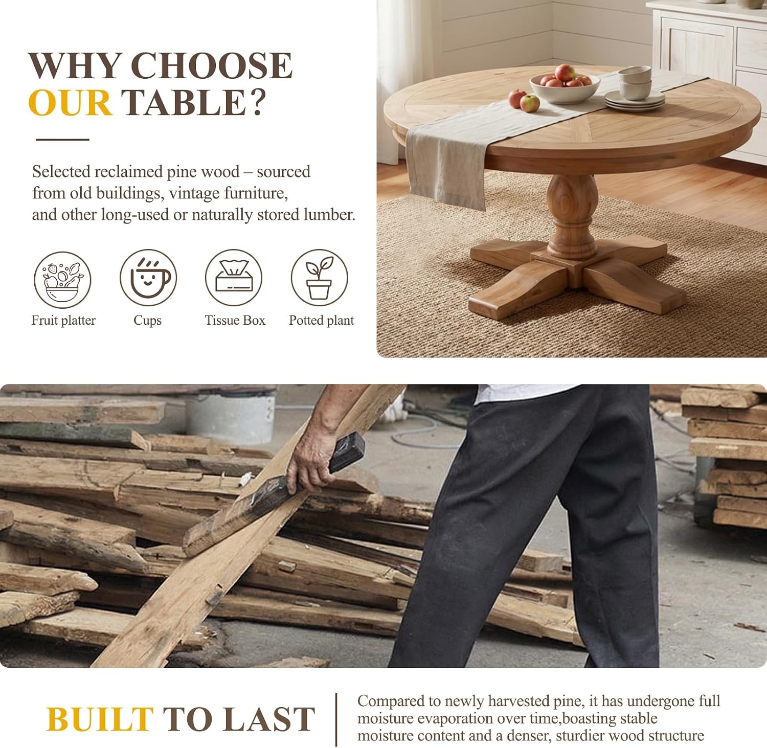 60' Round Dining Table, Reclaimed Wood Kitchen Table for 6-8, Farmhouse Circle Kitchen Table with Pedestal Curved Leg for Kitchen Dining Room Restaurant - Natural