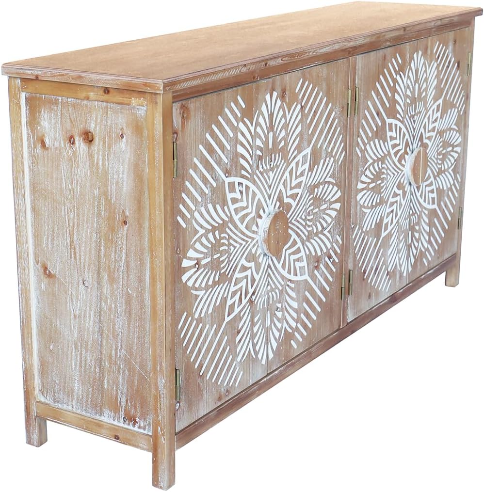 LKTART 60' Sideboard Buffet Cabinet,Vintage Accent Credenza Storage with Carved Doors,Media Console Cabinet for Entryway, Living&Dining Room Organization