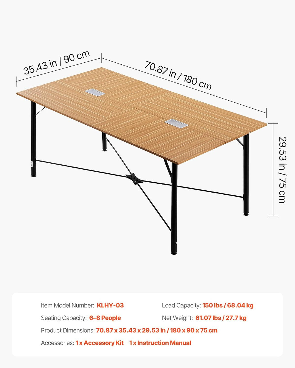 VEVOR Conference Table, 6 ft Office Meeting Table for 6-8 Person, Modern Rectangle Seminar Desk with Metal Legs, Meeting Desk Ideal for Office, Boardroom, Conference Room, Easy Assembly, Brown