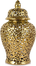 Gold Pierced Ginger Jar Vase with Lid - 15.7' Tall Decorative Ceramic Jar for Home Decor, Centerpiece for Living Room, Dining Room, Entryway, or Office, Large Gold Vase for Flowers