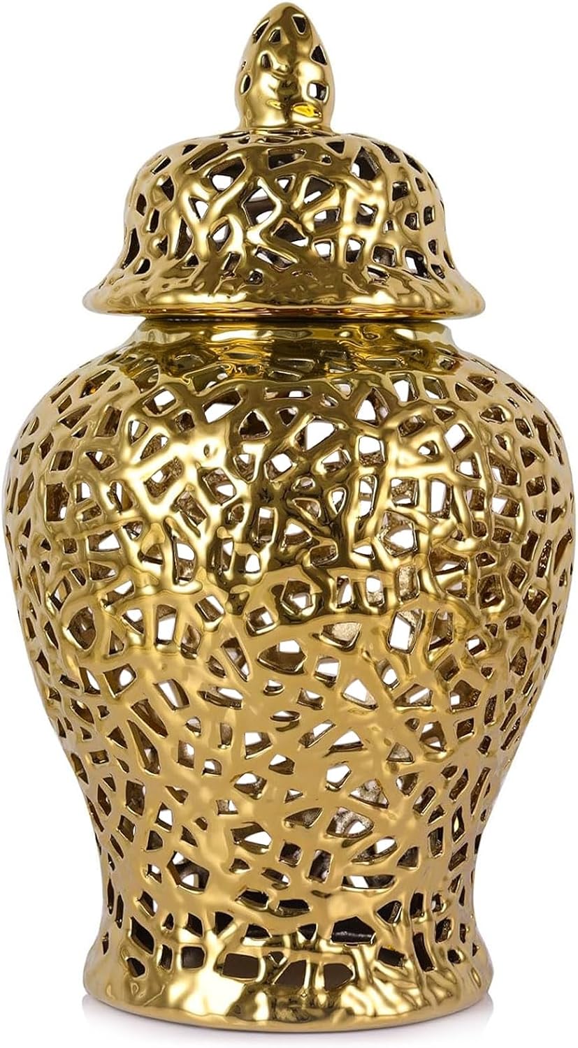 Gold Pierced Ginger Jar Vase with Lid - 15.7' Tall Decorative Ceramic Jar for Home Decor, Centerpiece for Living Room, Dining Room, Entryway, or Office, Large Gold Vase for Flowers
