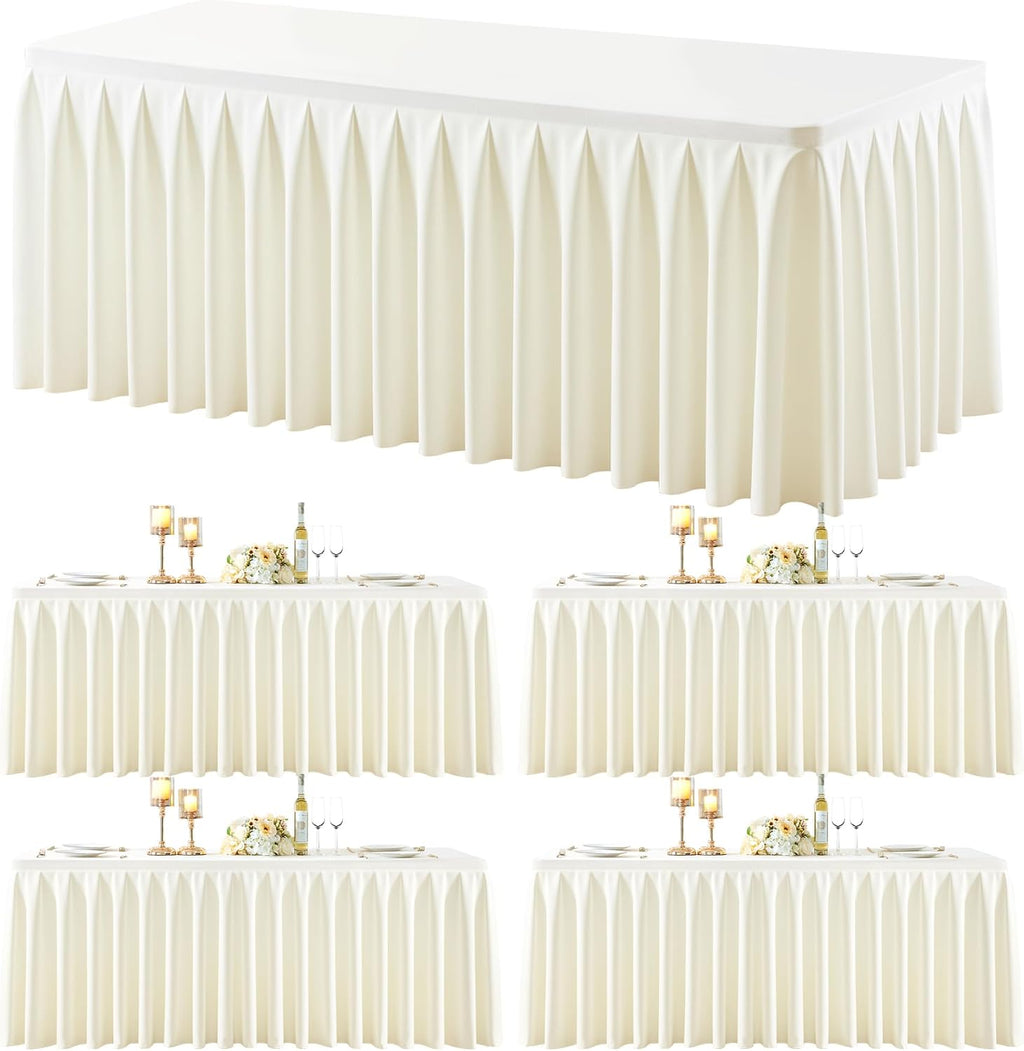 4 Pack Ivory Rectangle Tablecloth 8 FT Stretch Spandex Fitted Table Cloth for 8 Foot Rectangle Tables Banquet Tablecloths Wrinkle Free Table Cover Skirt Ruffle Tablecloth for Party Wedding Birthday