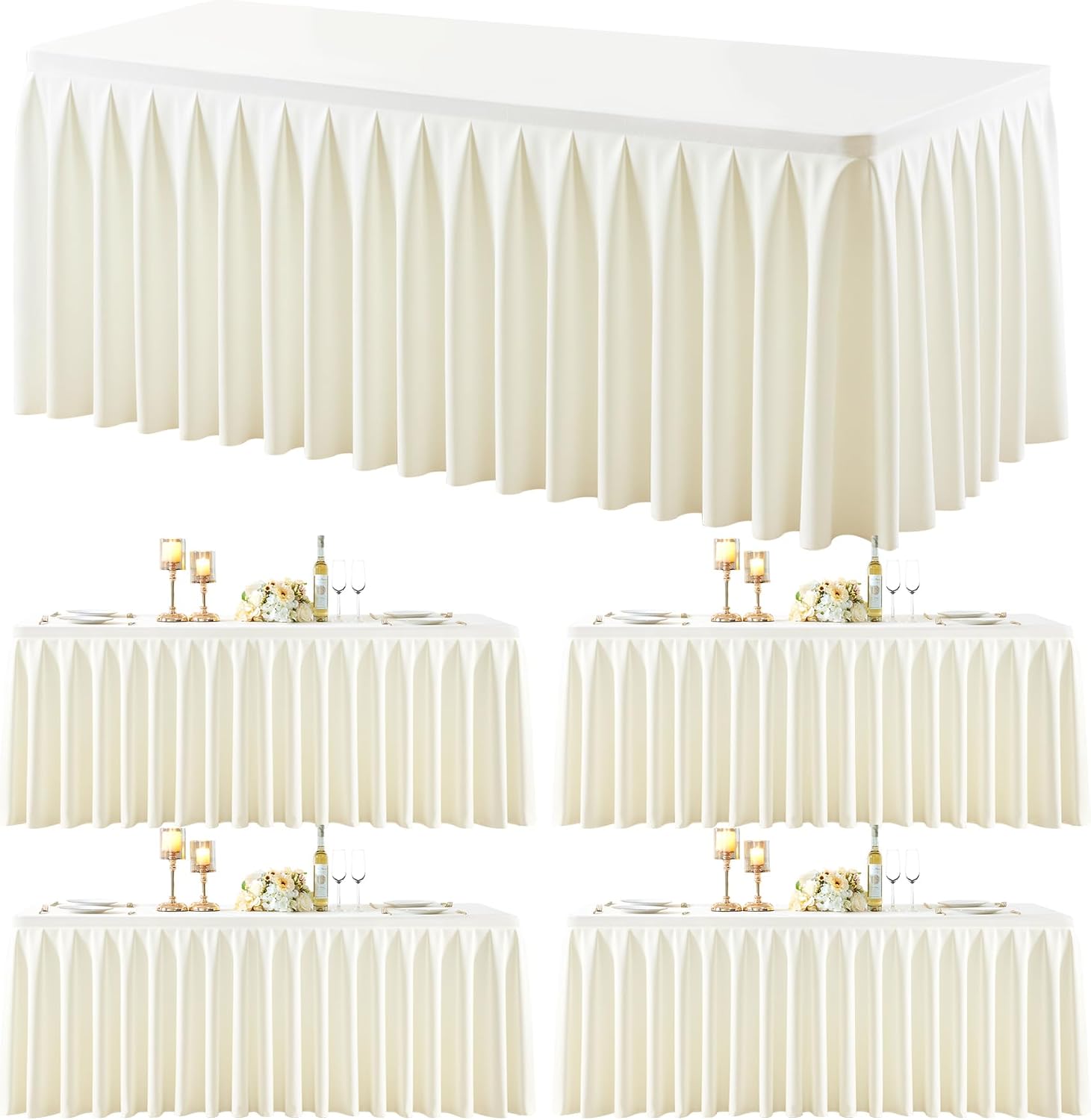 4 Pack Ivory Rectangle Tablecloth 8 FT Stretch Spandex Fitted Table Cloth for 8 Foot Rectangle Tables Banquet Tablecloths Wrinkle Free Table Cover Skirt Ruffle Tablecloth for Party Wedding Birthday