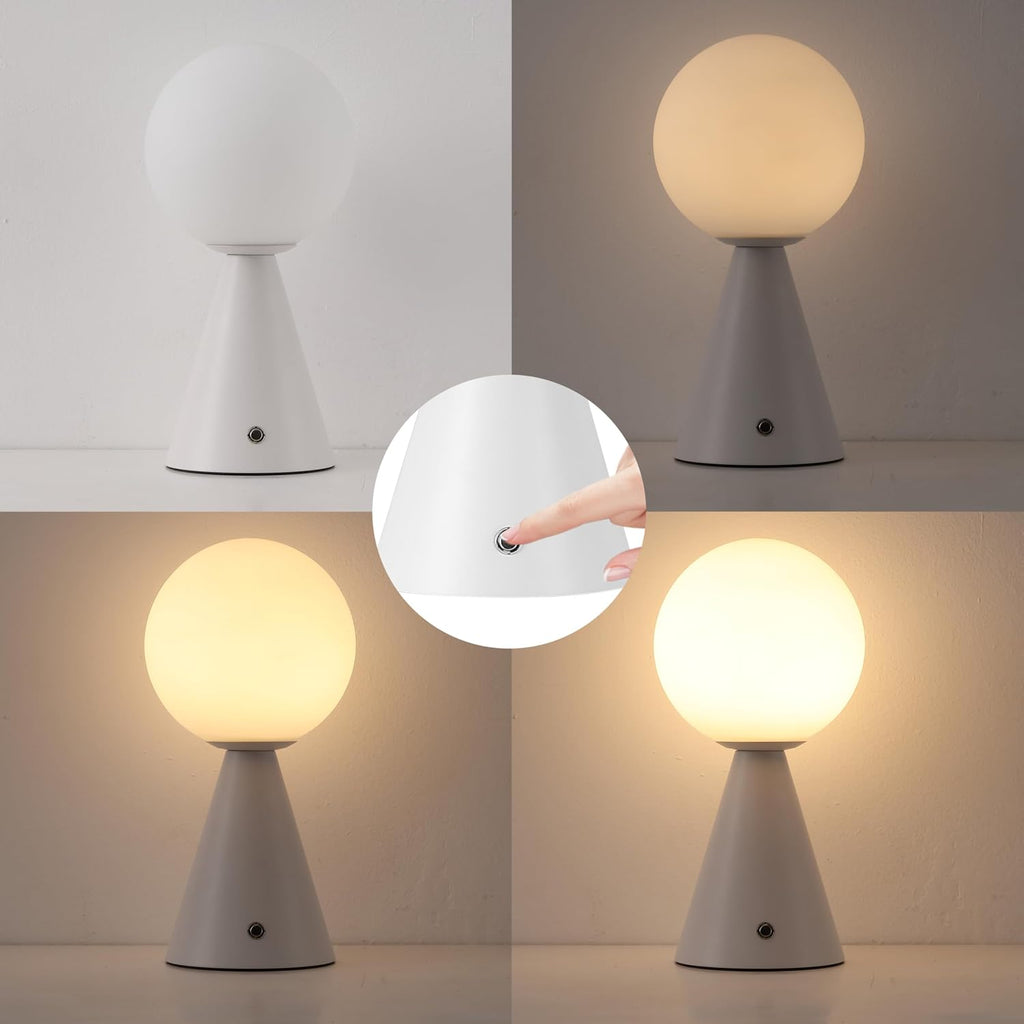 JONATHAN Y 11.75' White Macie Modern Globe Cordless Table Lamp Set of 2, Rechargeable Dimmable Integrated LED Touch Sensor Bedside Lamp, White Frosted Glass Shade (JYL7159E-SET2)