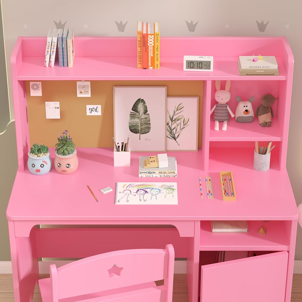 GarveeHome Kids Desk & Chair Set with Hutch, Storage Cabinet, Wooden Children Student Writing Table Computer Workstation for Kids Bedroom & Study Room