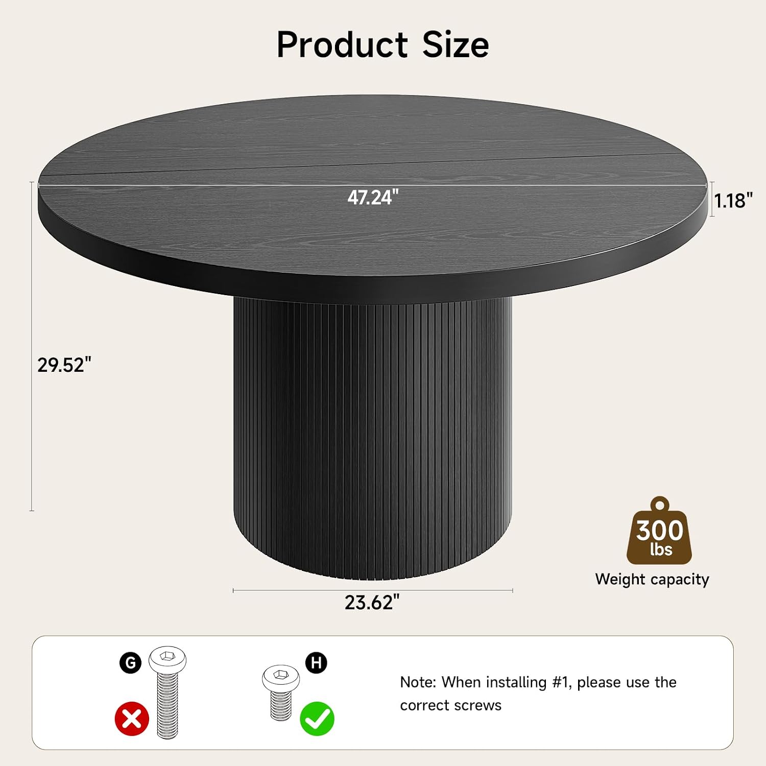 47 inch Round Dining Table for 4, Circle Kitchen Table with Wood Strip Base, Modern Farmhouse Dinner Tables for Kitchen, Living Room (Black)