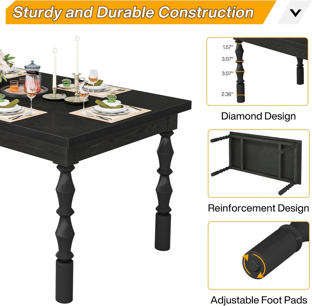 Tribesigns Wood Black Dining Table for 4-6 People, 62' Farmhouse Large Rectangle Kitchen Table, Modern Dinner Table Kitchen & Dining Room Furniture with Carved Turned Legs
