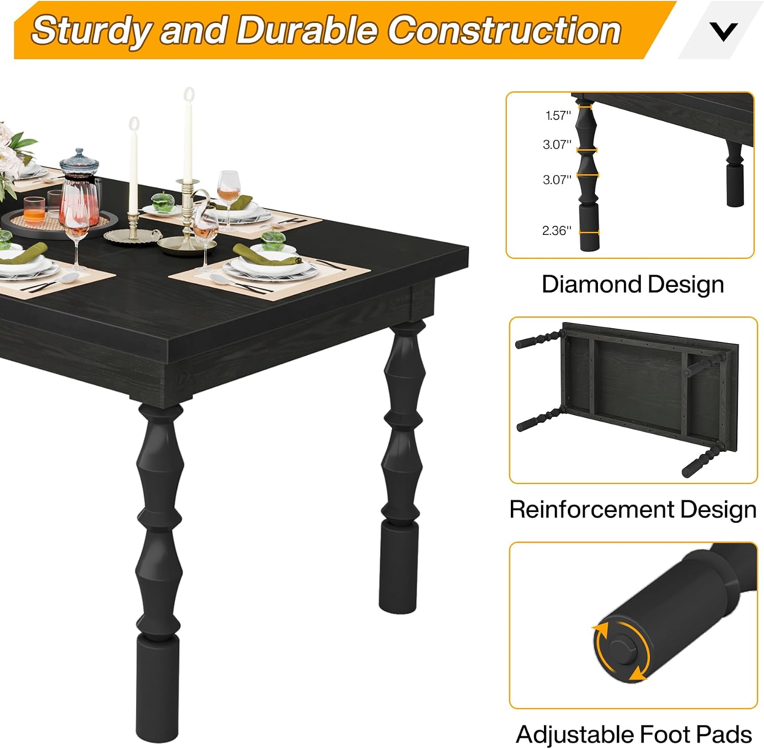 Tribesigns Wood Black Dining Table for 4-6 People, 62' Farmhouse Large Rectangle Kitchen Table, Modern Dinner Table Kitchen & Dining Room Furniture with Carved Turned Legs