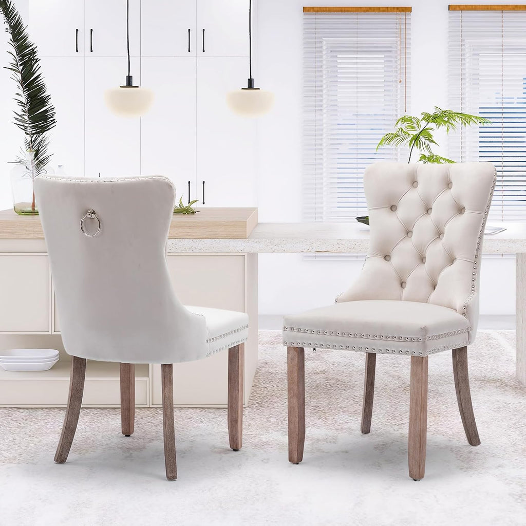 Dining Table and Dining Chair Set 31.5' White Round Table&2 Velvet Upholstered Wooden Legs Chairs for Kitchen Dining Room Small Space 3 Piece Dining Table and Chair Set（Beige）