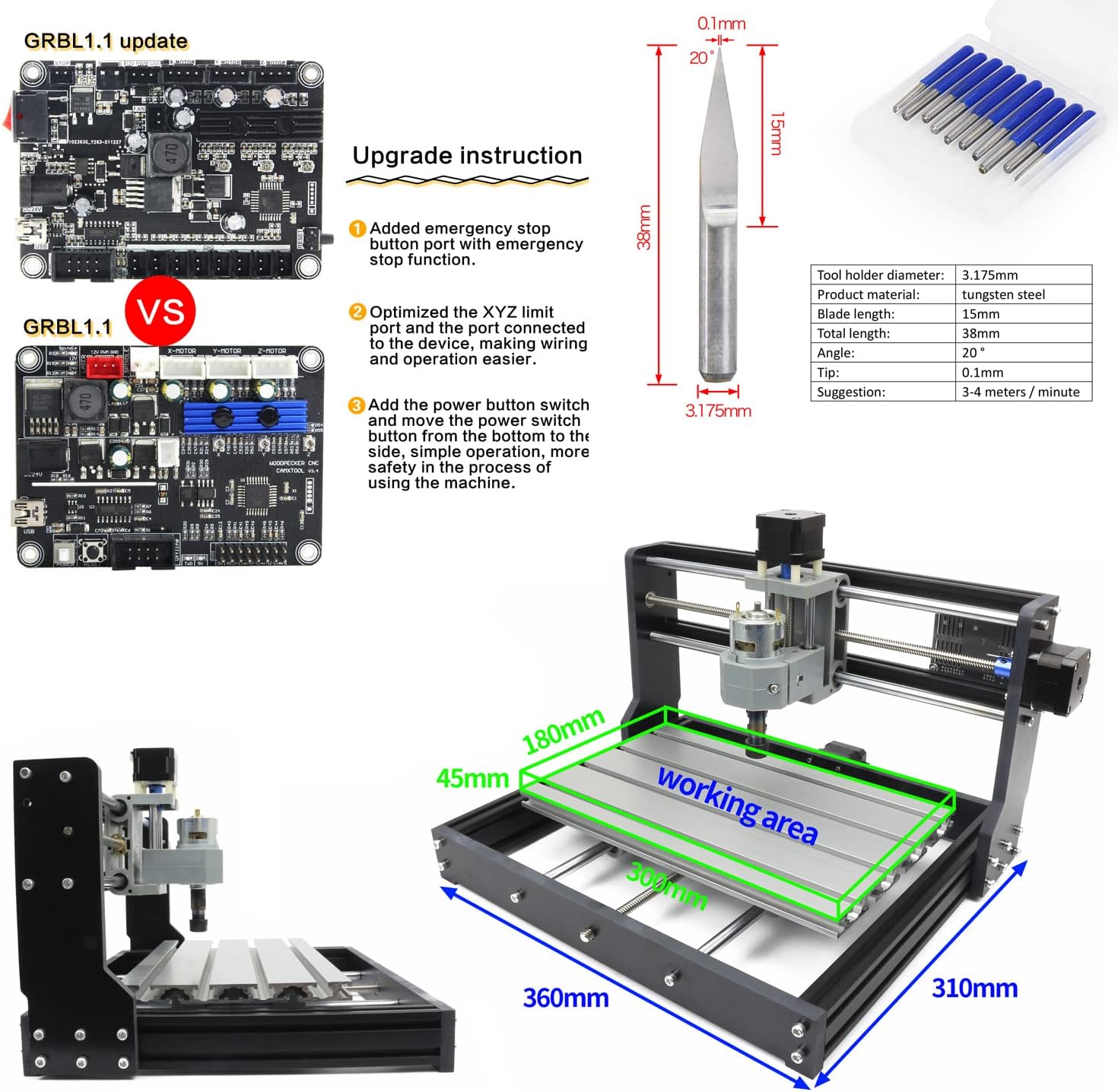 RATTMMOTOR DIY CNC Router Kit, 3 Axis Hobby CNC Router Machine GRBL Control, Plastic Acrylic PVC PCB Wood Mini Desktop Engraving Milling Carving Machine, Working Area 300x180x45mm