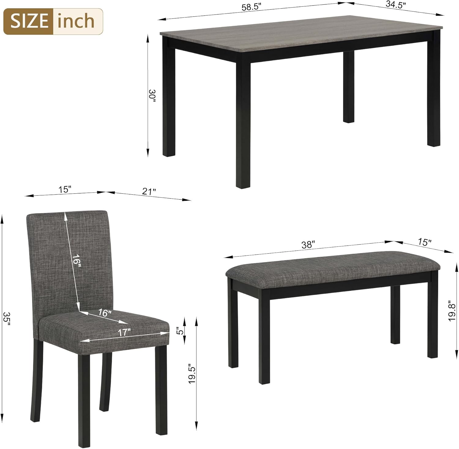 LUMISOL 6 Piece Dining Table Set with Bench and Chairs, Wood Kitchen Table Set for Kitchen, Dining Room, Living Room, Light Grey+Black