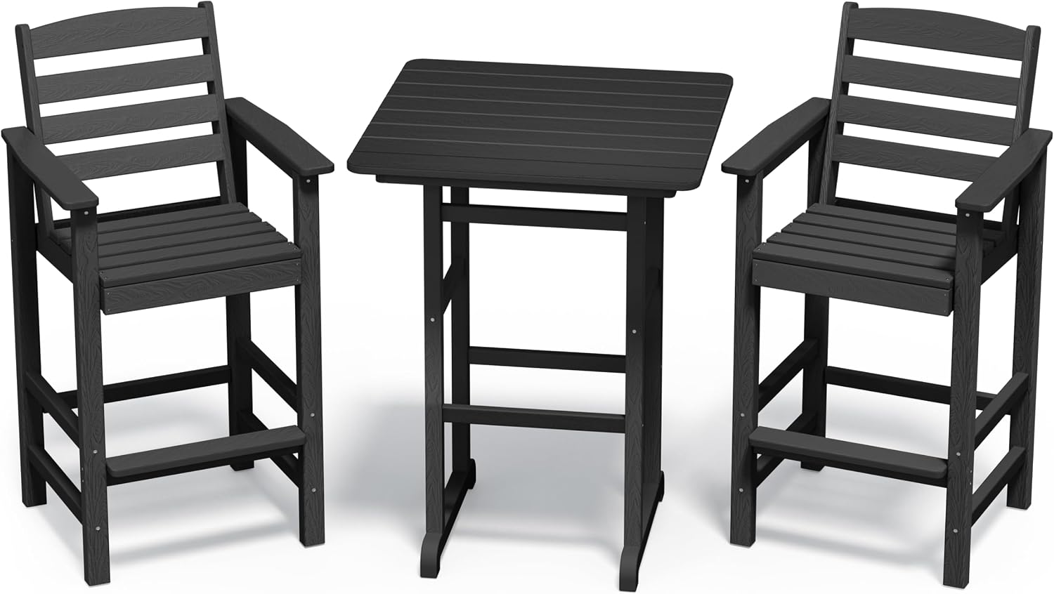 SERWALL Balcony Adirondack Chairs and Table 3 Pieces Set, Adirondack Bar Height Chairs Set of 2 and Bar Table, Outdoor Bar Stools Set for Bistro, Poolside, Backyard, Black