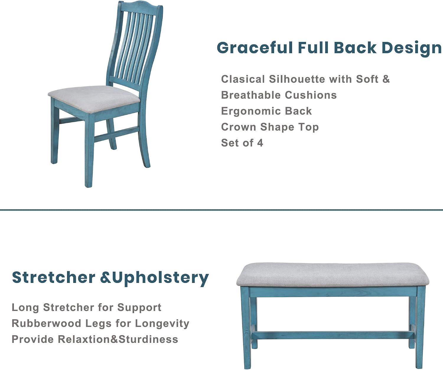 LUMISOL 6-Piece Solid Wood Dining Table Set, Farmhouse Kitchen Table Set with 4 Upholstered Chairs, Bench and Storage Drawers for Kitchen, Dining Room, Living Room, Antique Blue