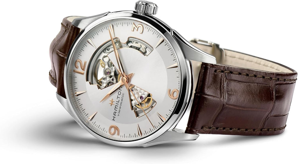 Hamilton Jazzmaster Open Heart Automatic Men's Watch, 42mm Stainless Steel Case, Swiss Made, Silver Dial Analog Wrist Watch, 50m Waterproof, Sapphire Crystal, 3-Hand Movement, Calf Leather Strap