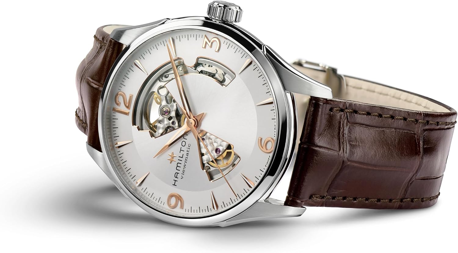 Hamilton Jazzmaster Open Heart Automatic Men's Watch, 42mm Stainless Steel Case, Swiss Made, Silver Dial Analog Wrist Watch, 50m Waterproof, Sapphire Crystal, 3-Hand Movement, Calf Leather Strap