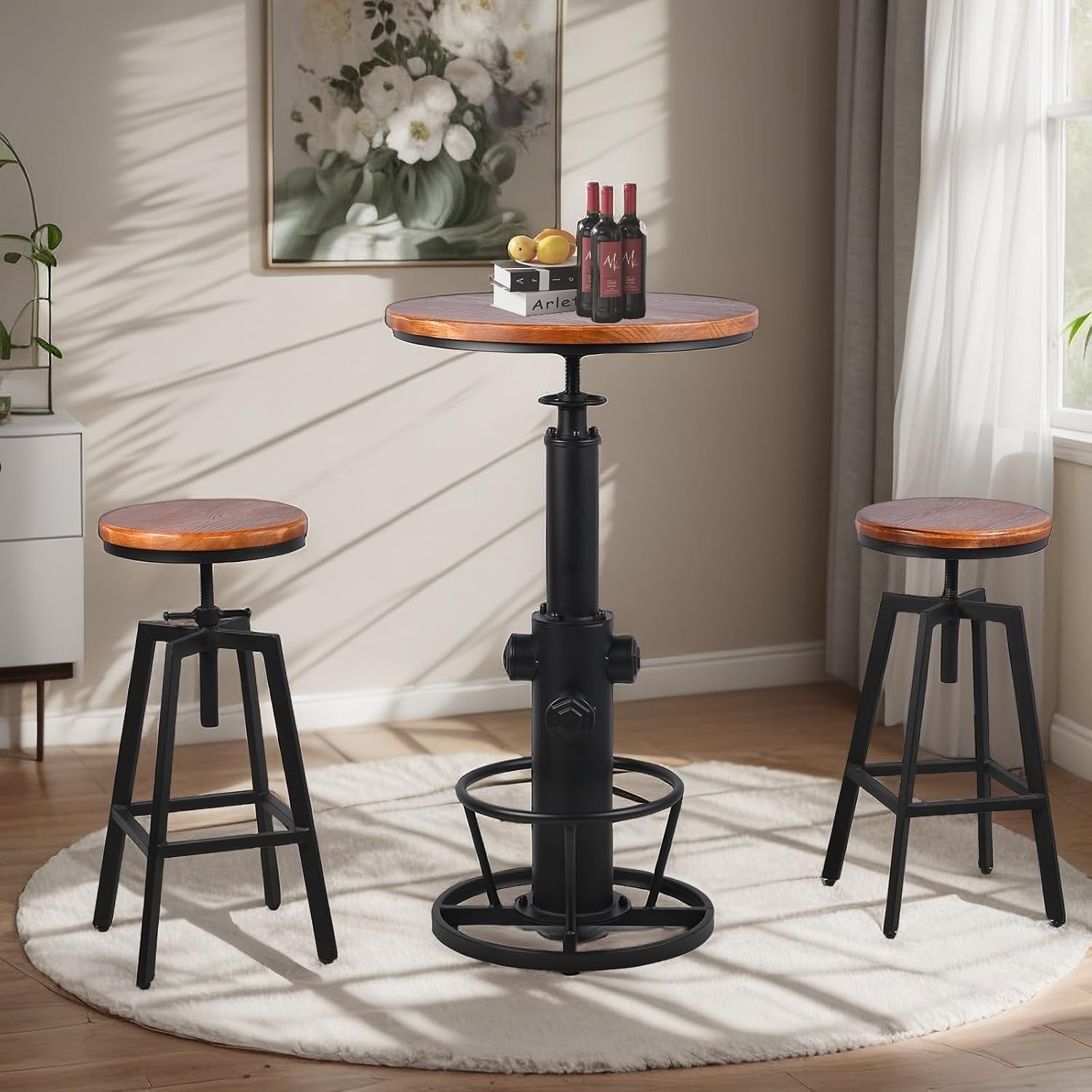 Farmhouse Bistro Bar Table with Chairs Industrial Pub Table and Stools Vintage 3 Pieces Dining Table Set Swivel High Top Height Adjustable