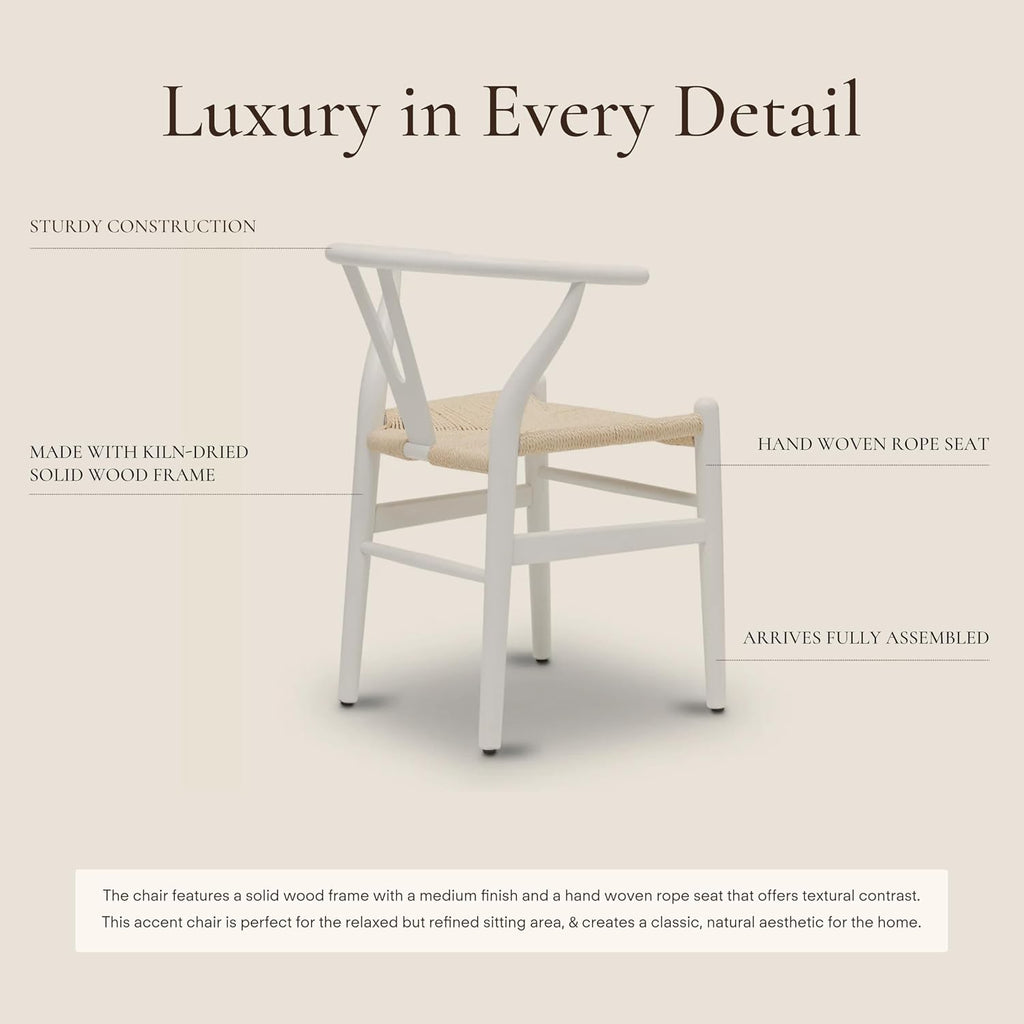 POLY & BARK Weave Dining Chair – Mid-Century Modern Wishbone Dining Chair with Arms, Solid Wood Frame, Indoor Use – White – Single - Ideal for Dining Room, Kitchen or Stylish Accent Setting