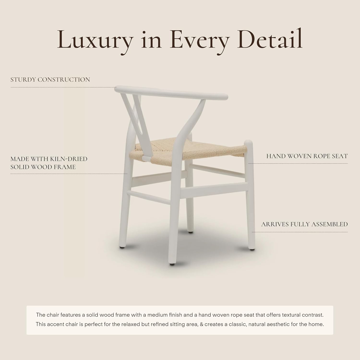 POLY & BARK Weave Dining Chair – Mid-Century Modern Wishbone Dining Chair with Arms, Solid Wood Frame, Indoor Use – White – Single - Ideal for Dining Room, Kitchen or Stylish Accent Setting