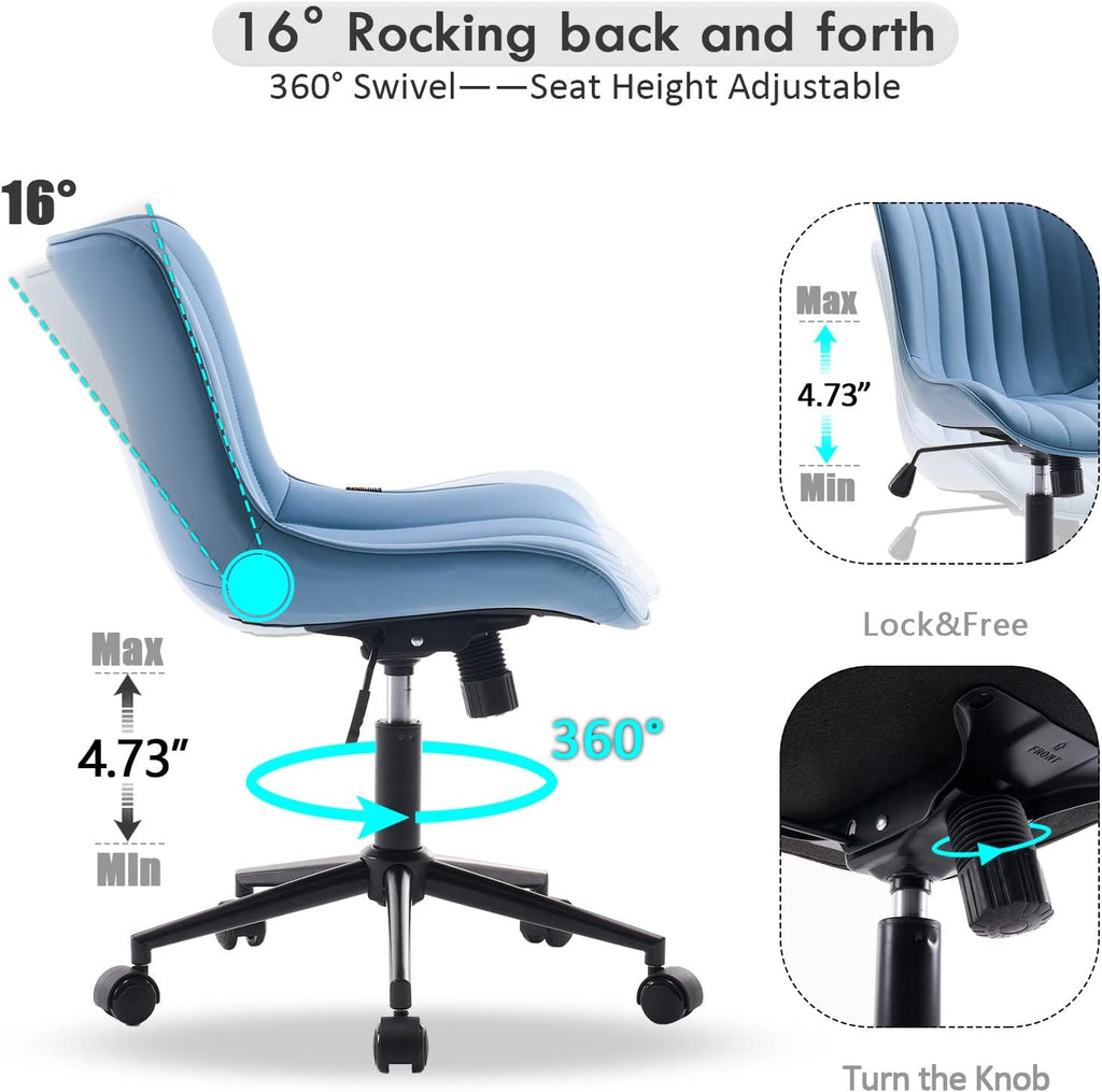 YOUNIKE Blue Office Desk Chair with Wheels Comfy Armless Vanity Chair with Back Modern Small Faux Leather Upholstered Rolling Task Chair Cute Computer Drafting Sewing Chair Swivel Adjustable Compact