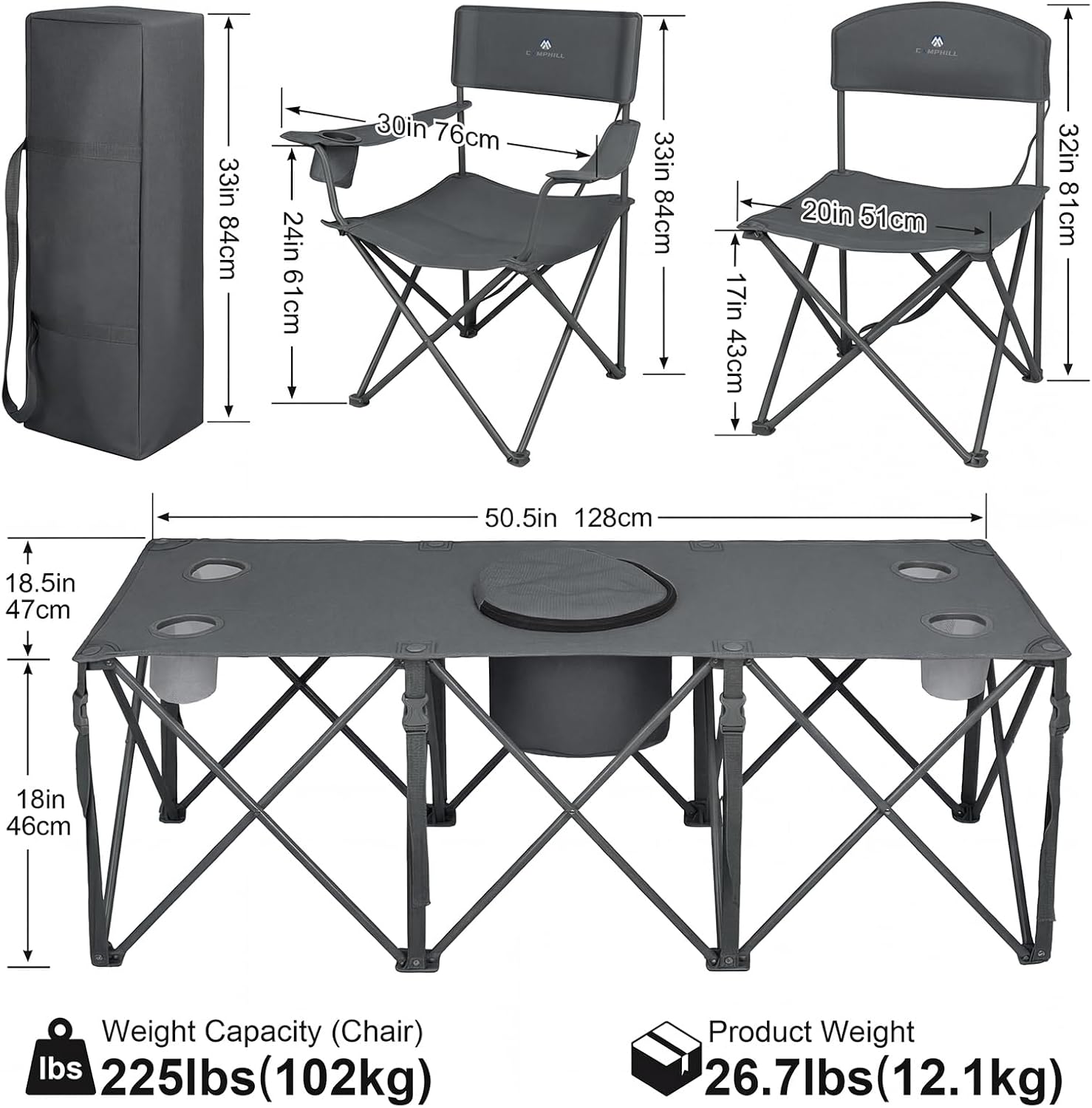 Camping Chair Set of 3, Outdoor Folding Camping Chairs for Heavy People with Cup Holder & Carry Bag,Collapsible Chair Include One Sofa Chair and Two Single Chair,Support up to 500lbs