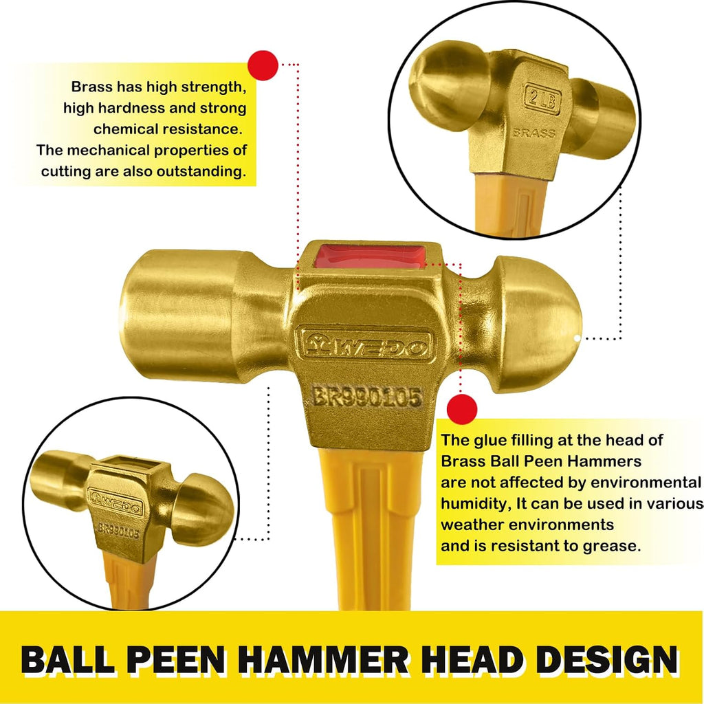 WEDO 3PCS Brass Ball Peen Hammer Set 12oz+16oz+24oz,Ball Pein Hammer with Fiberglass Handle,Brass, Die-Forged, Corrosion Resistant, DIN Standard