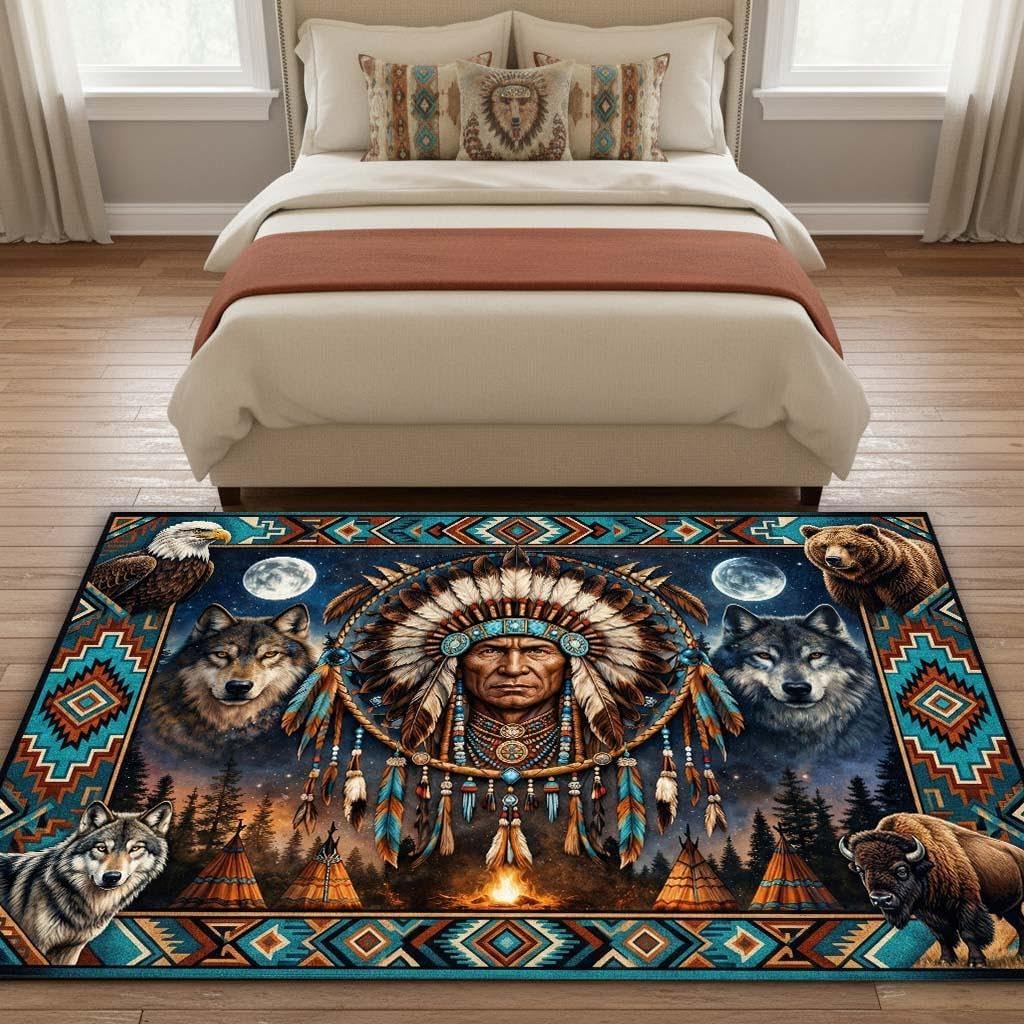 Southwestern Tribal Area Rug 5'x8' Native American Wolf Eagle Bear Buffalo Western Wildlife Carpet, Rustic Lodge Cabin Decor, Non Slip Washable Low Pile Rug for Living Room Bedroom