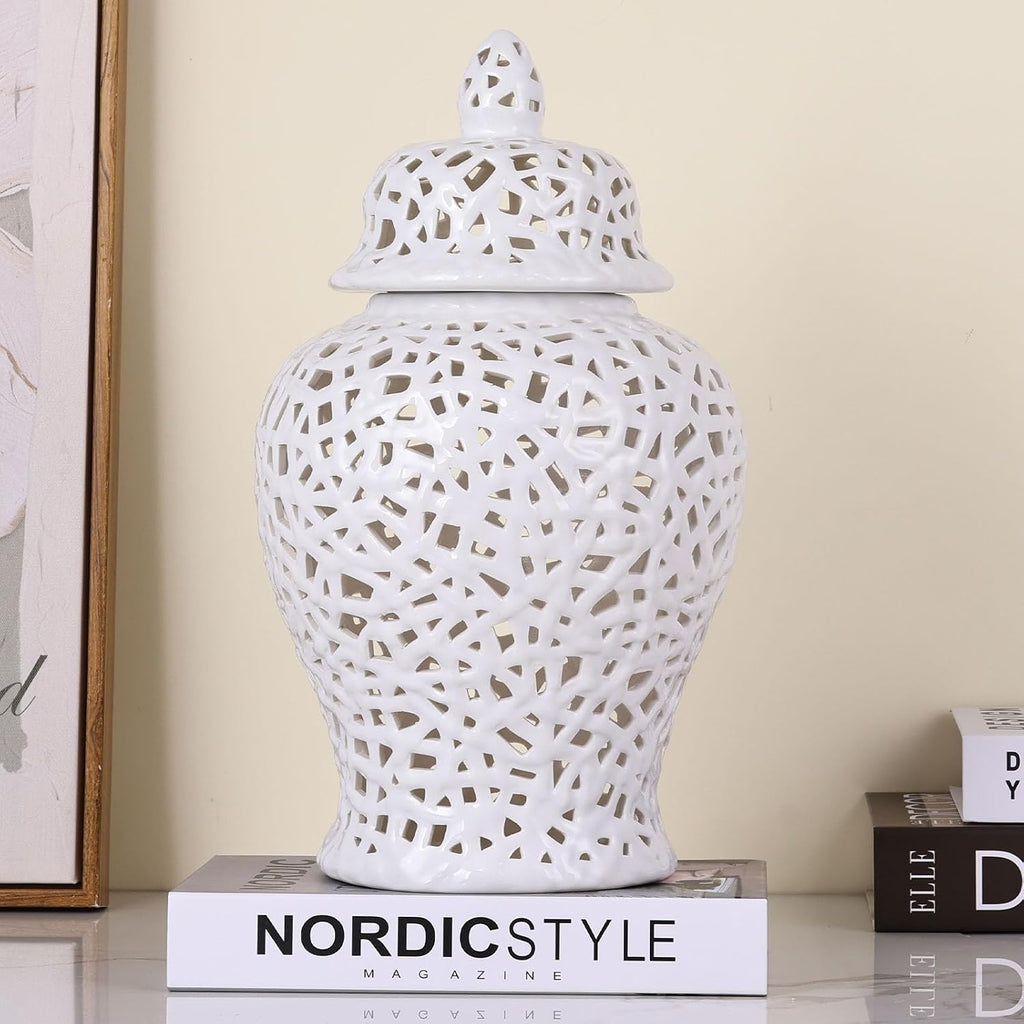 White Pierced Ginger Jar Vase with Lid - 15.7' Tall White Decorative Ceramic Jar for Home Decor, Centerpiece for Living Room, Dining Room, Entryway, or Office, Large White Vase for Flowers
