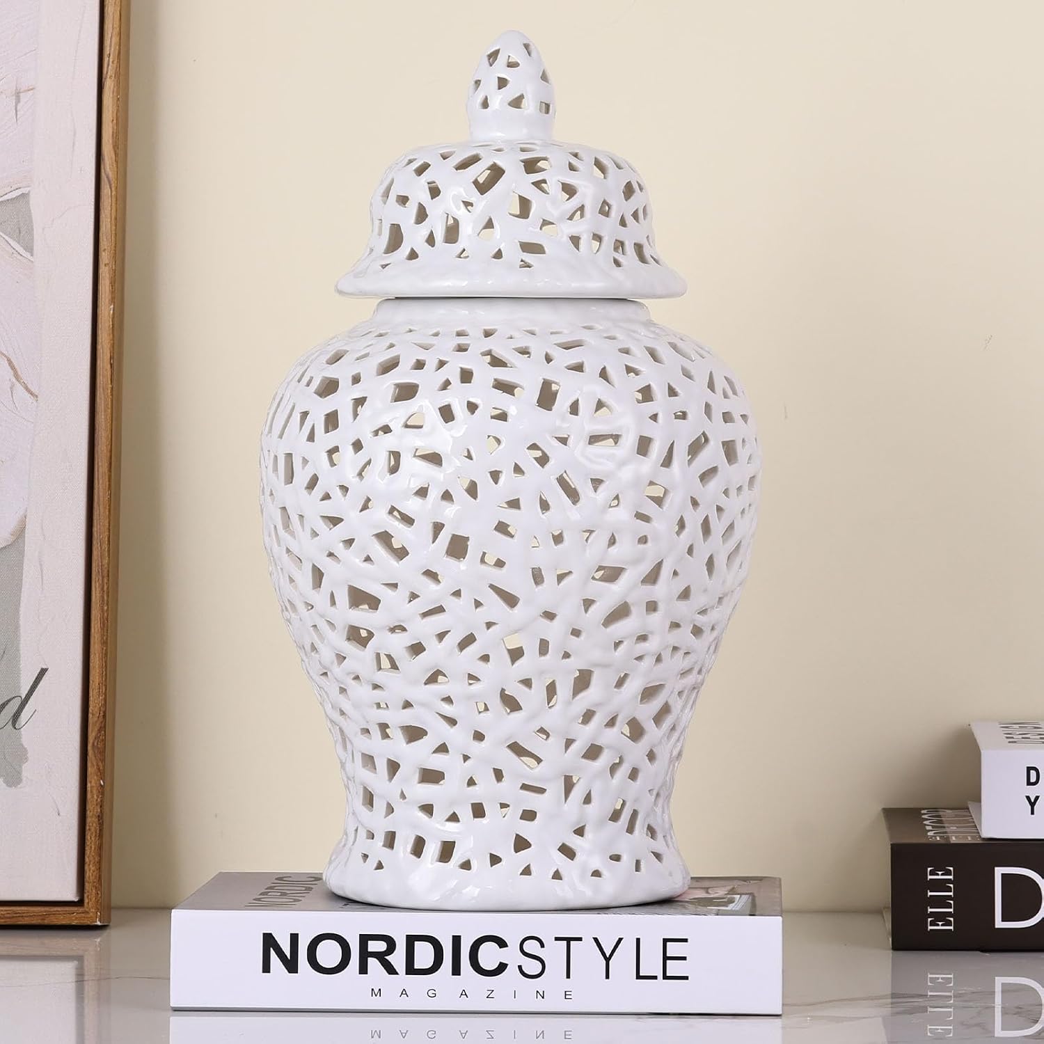 White Pierced Ginger Jar Vase with Lid - 15.7' Tall White Decorative Ceramic Jar for Home Decor, Centerpiece for Living Room, Dining Room, Entryway, or Office, Large White Vase for Flowers