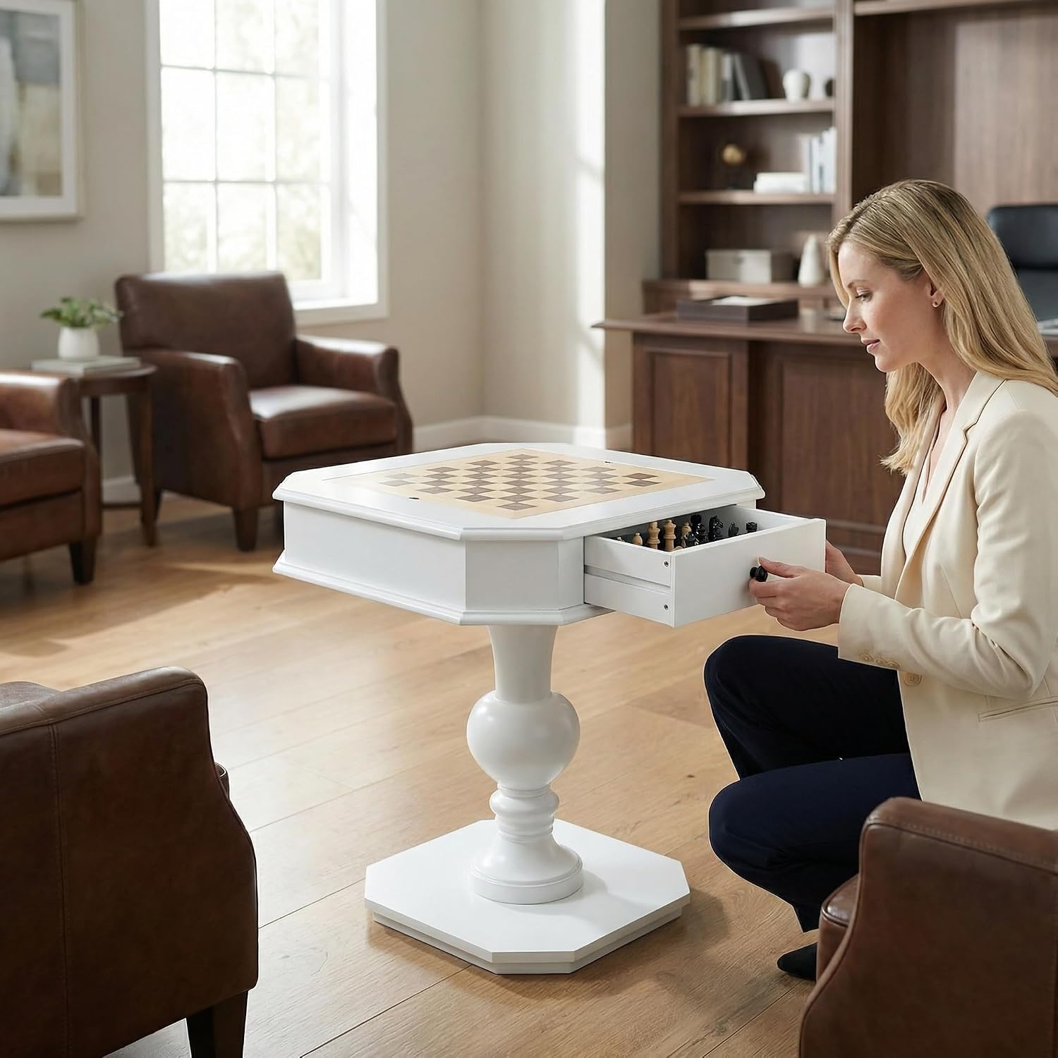 Chess Table, Reversible Chess Checker Game Table with 2 Drawers for Family Entertainment Room, 3-in-1 Square Game Tray for Chess Checker Backgammon, White