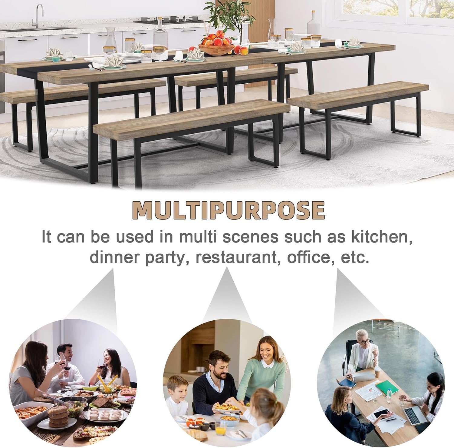 STHOUYN 71' 6ft Large Dinner Table for 6 8 Seat Dining Room Table, Rectangular Farmhouse Modern Kitchen Long Black & Grey Industrial Conference (Grey)