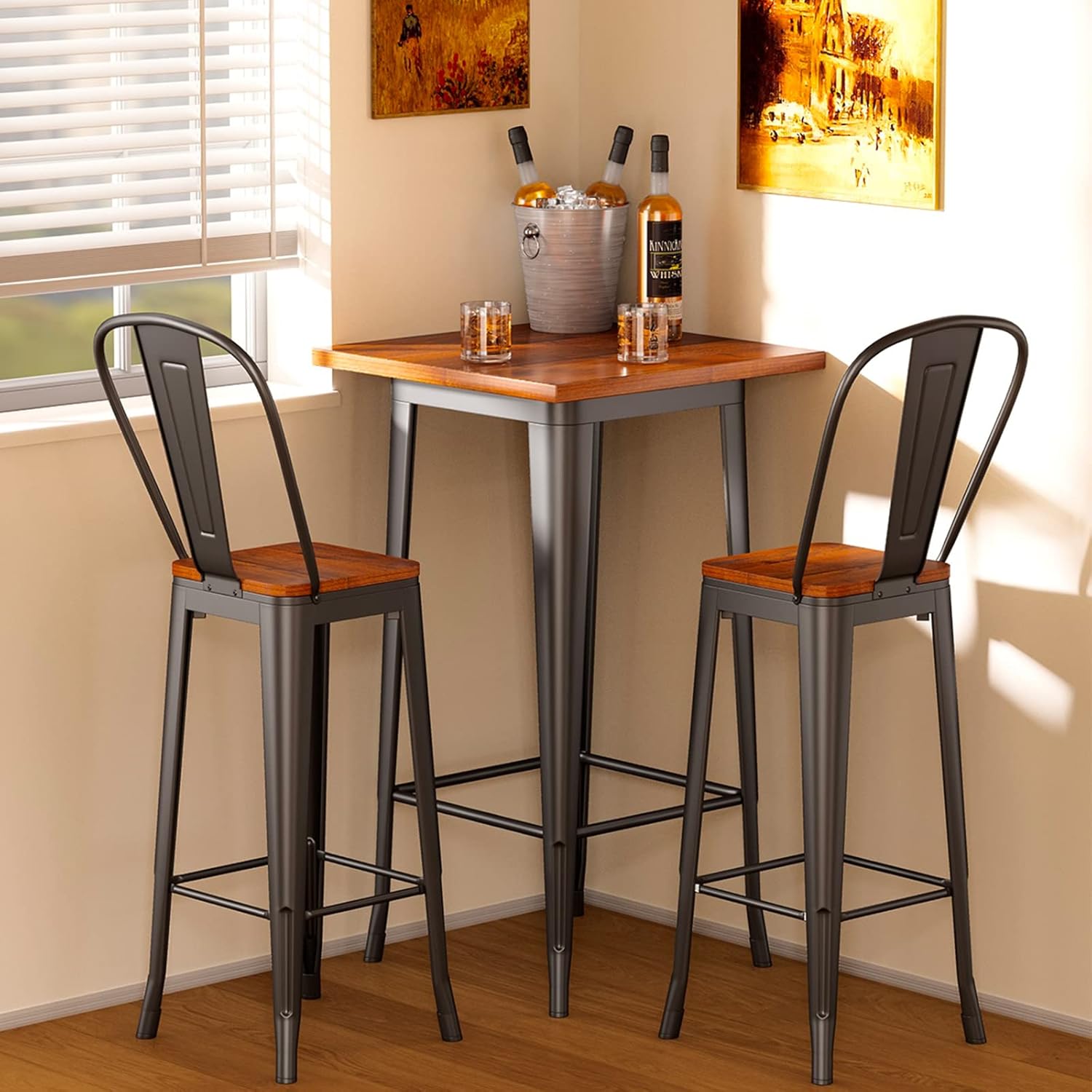 Aiho Bar Table and Chairs Set, Pub Table and Chairs Set of 2, with Elm Solid Wood and Thickened Metal Frame, for Bar, Small Space, Bistro Cafe