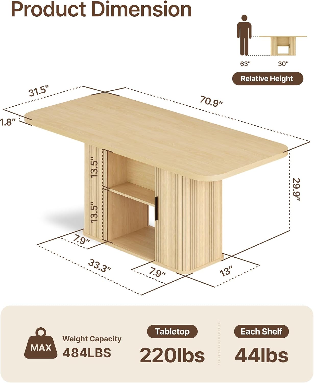 SUNCOZE Mid-Centur Dinner Tables for 4/6/8, 70.9' Rectangle Dining Room Table with Large Tabletop and Sliding Tambour Doors, Fluted Dining Table 2-Layer Storage for Kitchen and Living Room, Wood