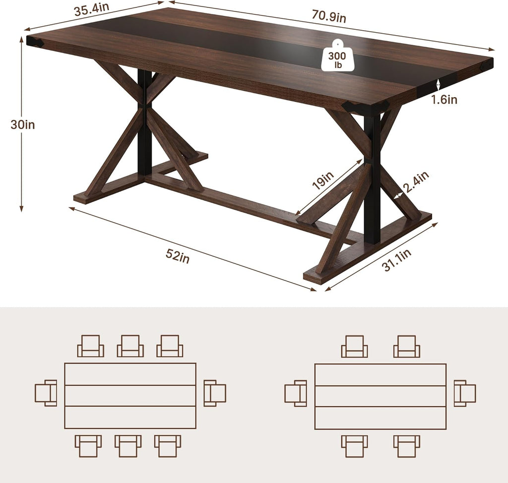 Hlivelood 71 Inch Dining Table for 6 People, Rectangular Kitchen Farmhouse Table W/Thickness Waterproof Wood Tabletop,Long Dining Room Tables W/Wood Strip Base for Kitchen Living Room(BR)