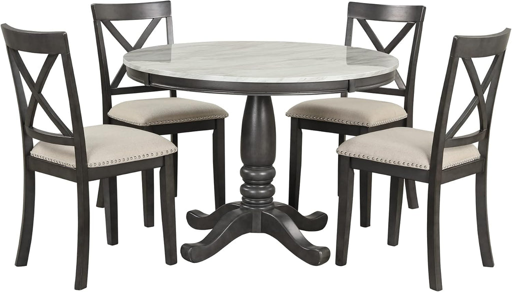 LUMISOL 5-Piece Dining Table Set, Faux Marble Round Dining Table Set with Chairs for 4, Wood Kitchen Dining Room Table Set for Small Space, Sturdy Support, Muddy Gray