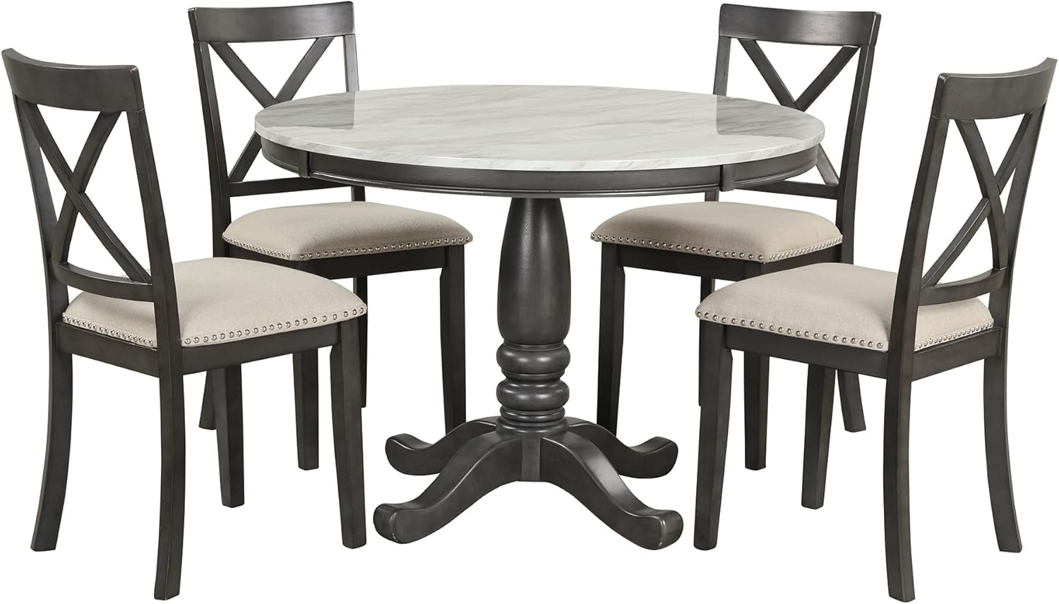 LUMISOL 5-Piece Dining Table Set, Faux Marble Round Dining Table Set with Chairs for 4, Wood Kitchen Dining Room Table Set for Small Space, Sturdy Support, Muddy Gray