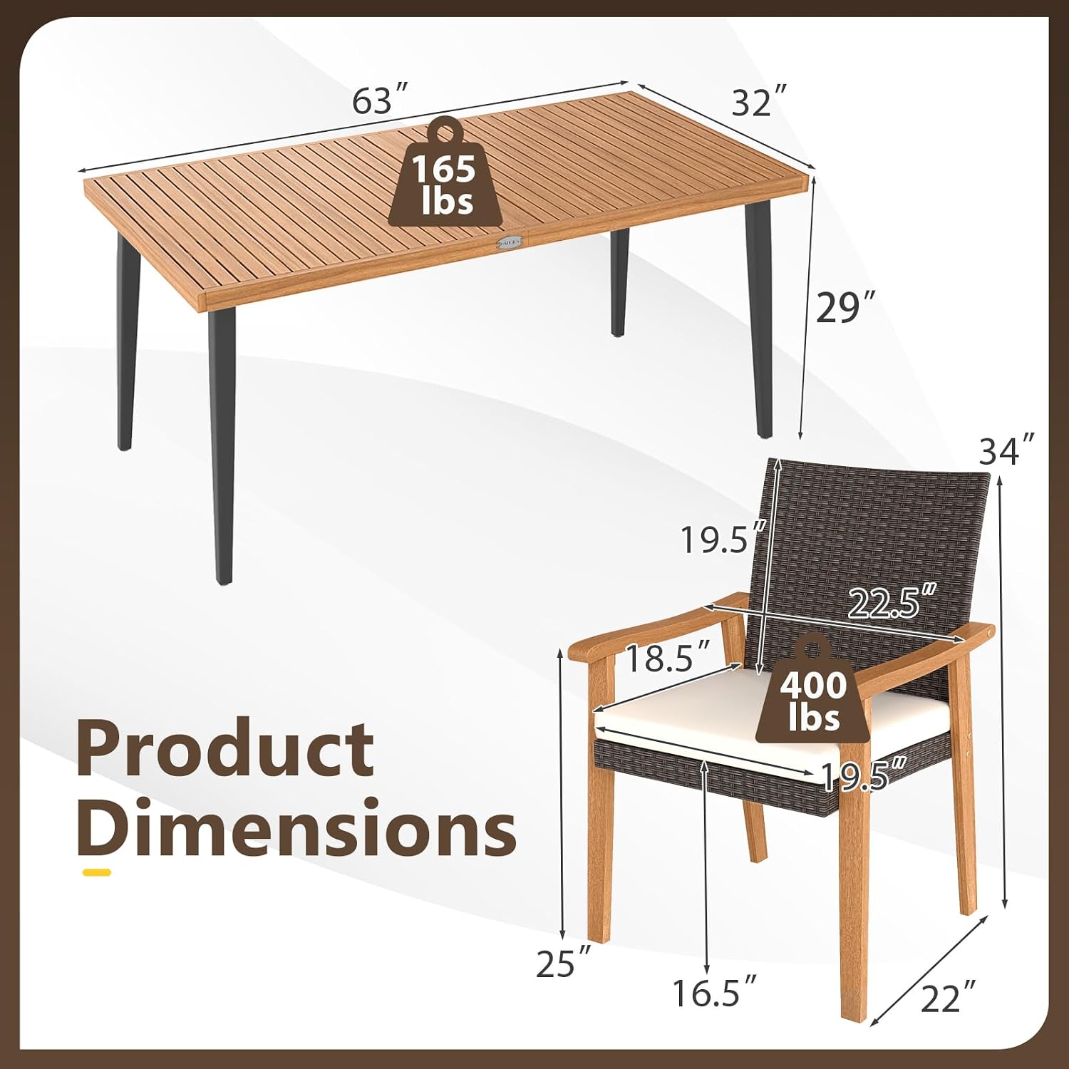HAPPYGRILL Acacia Wood Outdoor Dining Table 63', 4-6 Person Rectangular Patio Table with Umbrella Hole and Solid Metal Frame, for Garden, Poolside, Backyard and Deck