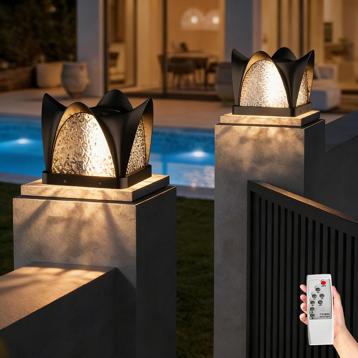 Solar Post Lights, IP54 Modern Pillar Light, Waterproof Column Lamp Outdoor, Dusk to Dawn Solar Post Cap Light with 3200K LED,Fence Deck Cap Lights for Garden Deck Patio Outside Lighting(Opera)