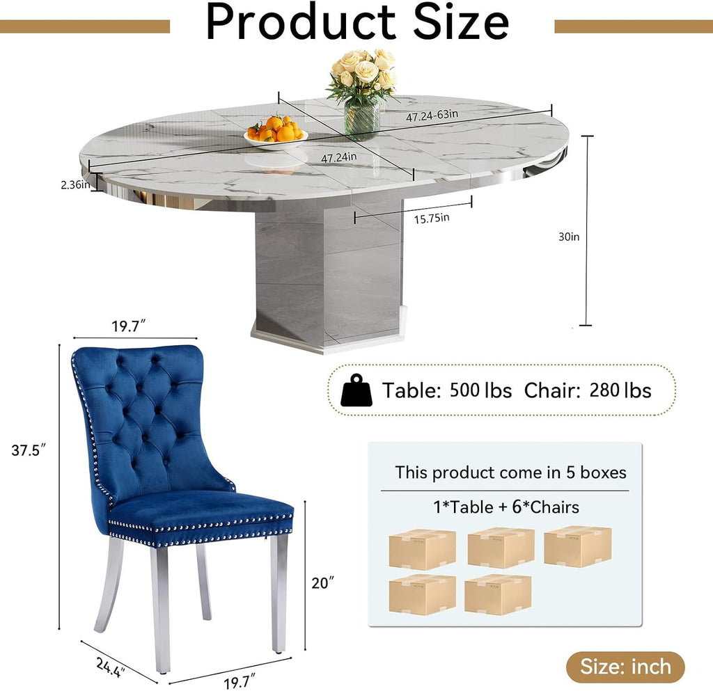 7 Pieces 47'-63' White Faux Marble Extendable Dining Table Set, Round Expanding Kitchen and Dining Room Table Set for 6 with Mirrored Acrylic Base & Blue Velvet Upholstered Chairs
