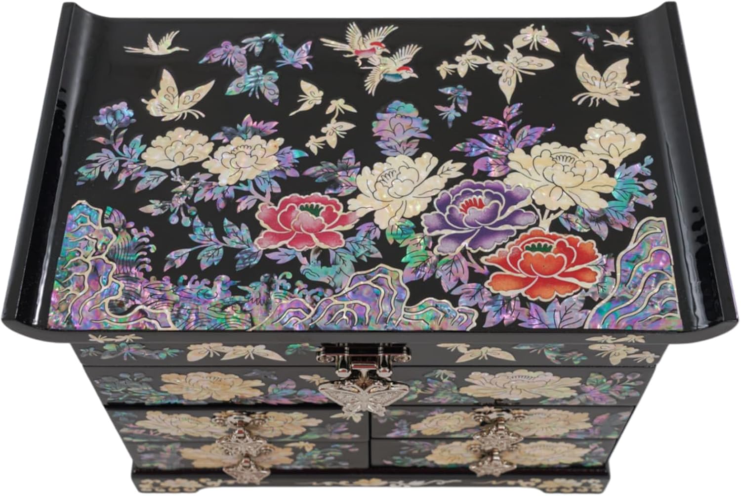 February Mountain Mother of Pearl Wooden Jewelry Organizer Box – Jewelry Storage Box for Women, Features Spacious Drawers, Ideal for Rings, Bracelets, Watches, Chains, Accessories (Colorful Flowers)