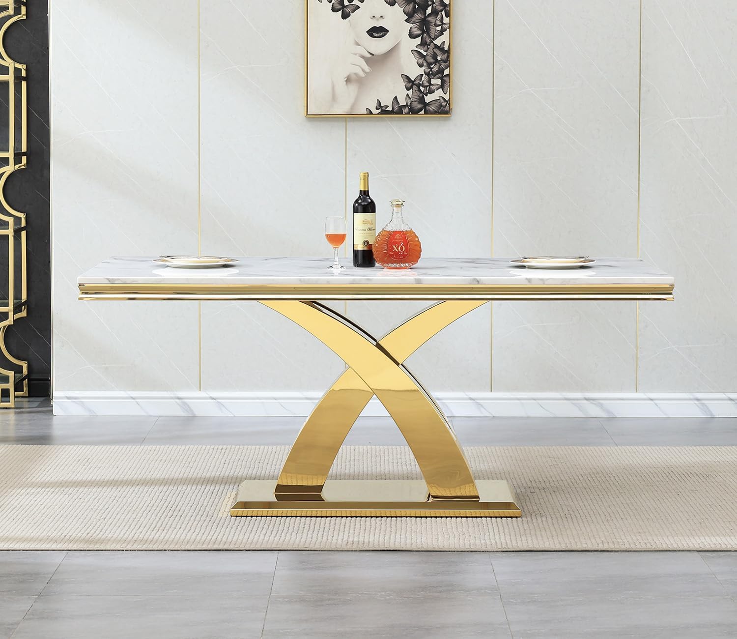68' Luxury Rectangular Marble Dining Table for 4 to 6, White Faux Marble Kitchen Table with Gold X Shape Stainless Steel Pedestal, Modern Kitchen Dining Room Table for Breakfast Dinette Dinner Party