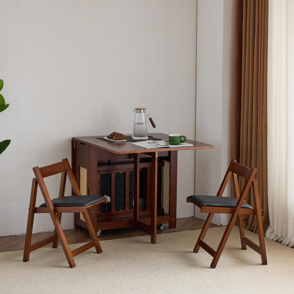 VINGLI Folding Dining Table Set Extendable Drop Leaf Solid Wood Foldable Table 5 Piece with 4 Chairs 2 Drawers and Wheels for Kitchen Space Saving,Walnut
